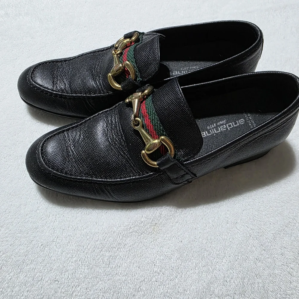 Andanines Boys Green Red Ribbon Chain Slip-On Luxurious Black Leather Loafers 29